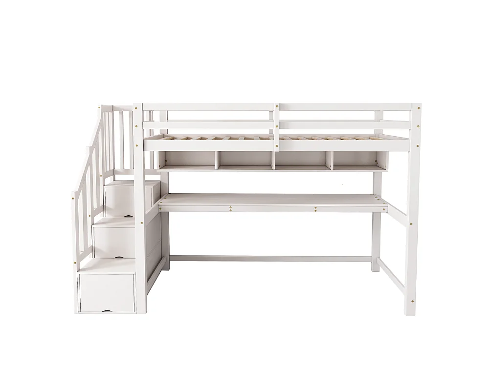 Letto a soppalco per bambini 90x200 cm con scrivania e scala contenitore in legno massello MDF bianco
