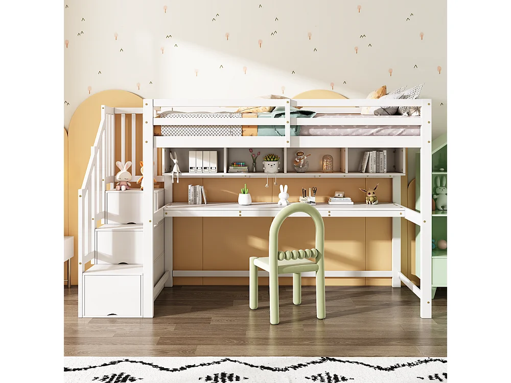 Letto a soppalco per bambini 90x200 cm con scrivania e scala contenitore in legno massello MDF bianco