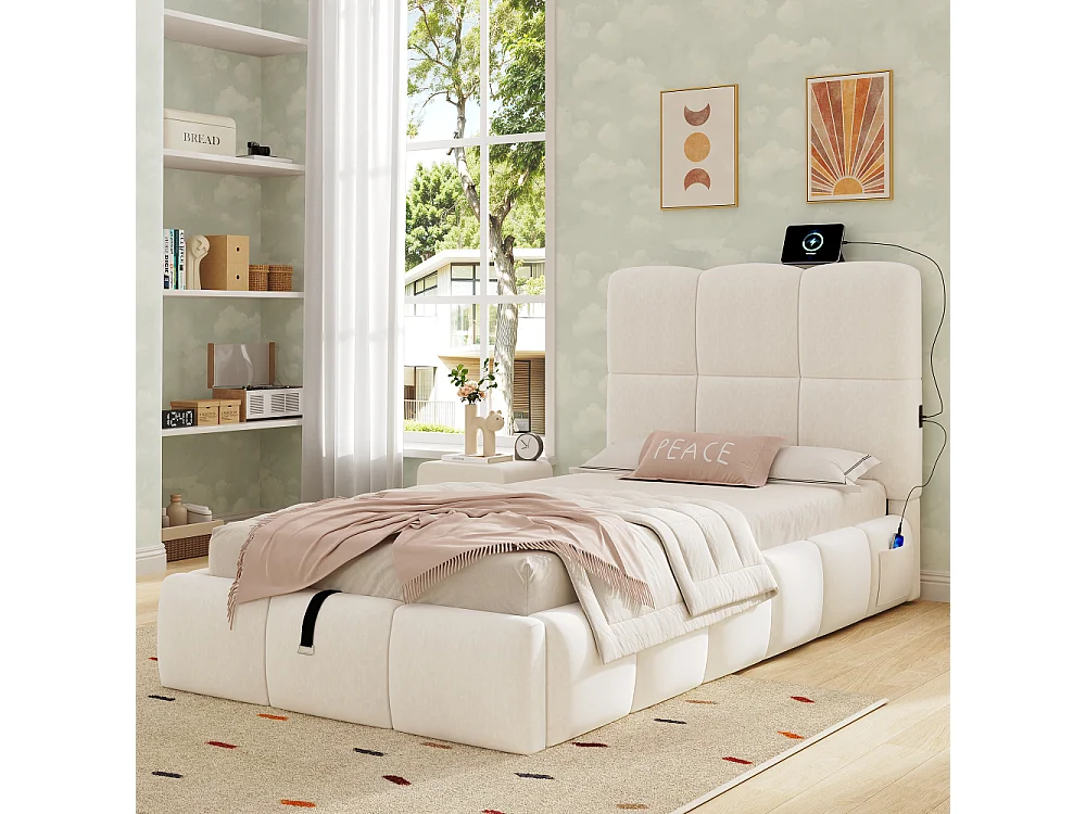 Letto imbottito letto per bambini 90x200cm idraulico con vano, velluto beige, USB, testiera, rete a doghe