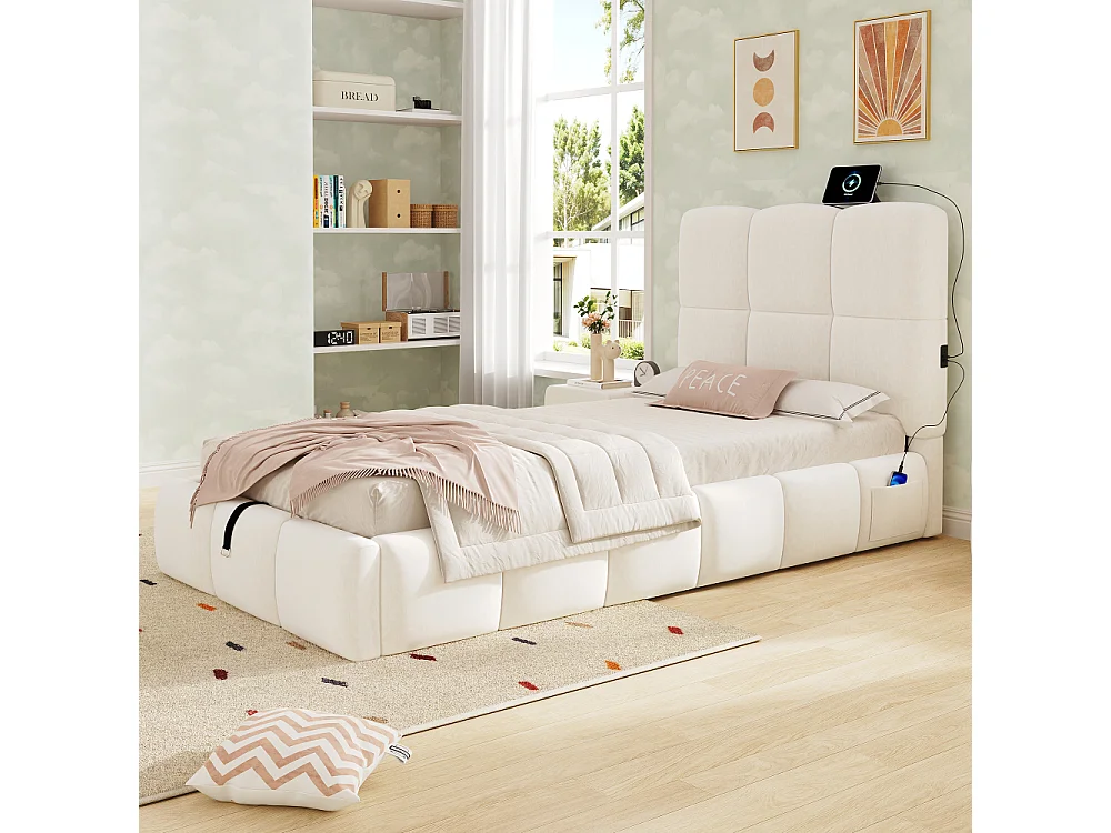 Letto imbottito letto per bambini 90x200cm idraulico con vano, velluto beige, USB, testiera, rete a doghe