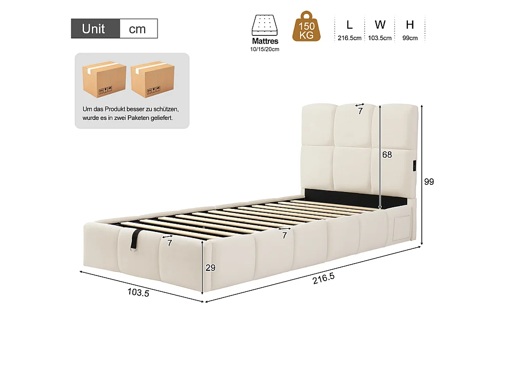 Letto imbottito letto per bambini 90x200cm idraulico con vano, velluto beige, USB, testiera, rete a doghe