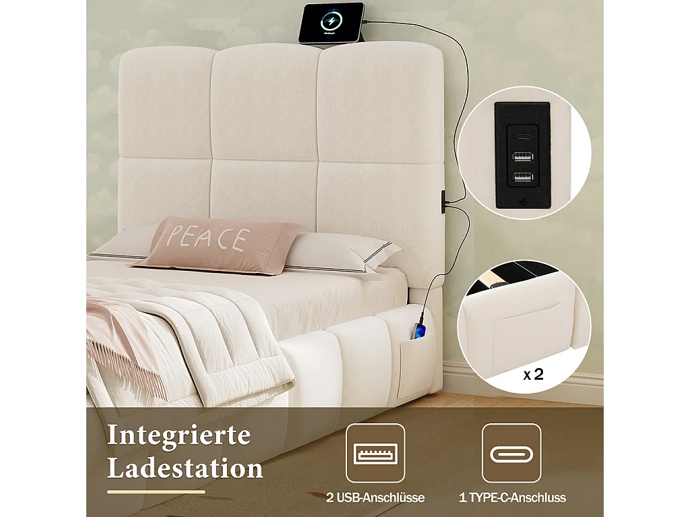 Letto imbottito letto per bambini 90x200cm idraulico con vano, velluto beige, USB, testiera, rete a doghe