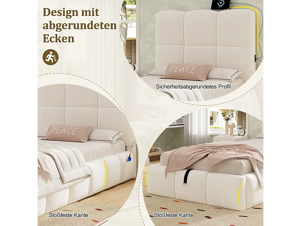 Letto imbottito letto per bambini 90x200cm idraulico con vano, velluto beige, USB, testiera, rete a doghe