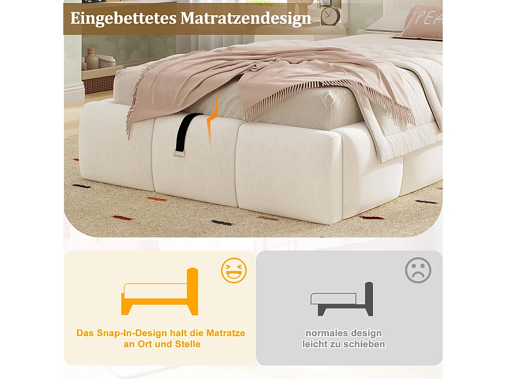 Letto imbottito letto per bambini 90x200cm idraulico con vano, velluto beige, USB, testiera, rete a doghe