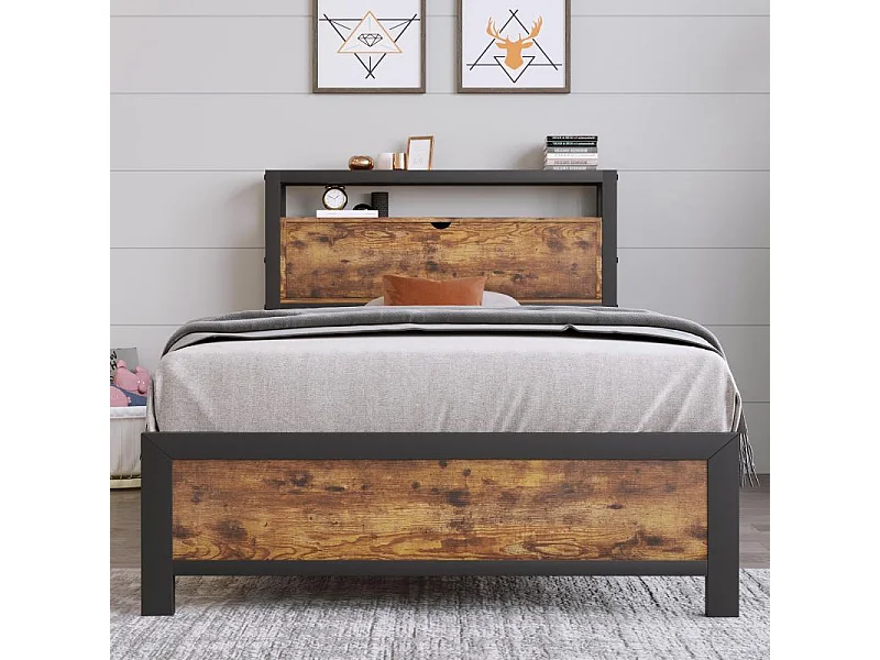 Lit métallique pour adolescent, lit simple 90×200, style industriel, tête de lit de rangement, cadre métallique, étagère en bois