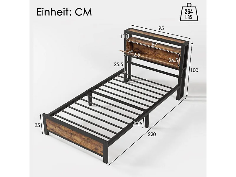 Lit métallique pour adolescent, lit simple 90×200, style industriel, tête de lit de rangement, cadre métallique, étagère en bois