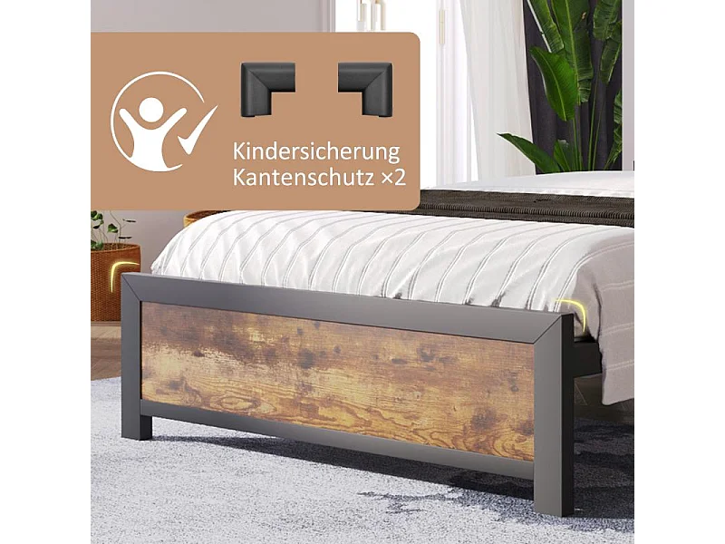 Lit métallique pour adolescent, lit simple 90×200, style industriel, tête de lit de rangement, cadre métallique, étagère en bois