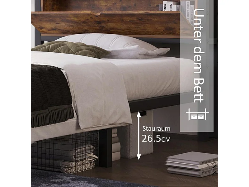 Lit métallique pour adolescent, lit simple 90×200, style industriel, tête de lit de rangement, cadre métallique, étagère en bois