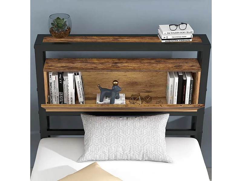 Lit métallique pour adolescent, lit simple 90×200, style industriel, tête de lit de rangement, cadre métallique, étagère en bois