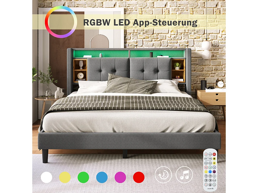Gestoffeerd tweepersoonsbed 160x200 cm met matras, LED, USB-aansluiting, opbergruimte aan het hoofdeinde en houten onderstel