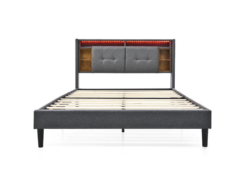 Gestoffeerd tweepersoonsbed 160x200 cm met matras, LED, USB-aansluiting, opbergruimte aan het hoofdeinde en houten onderstel