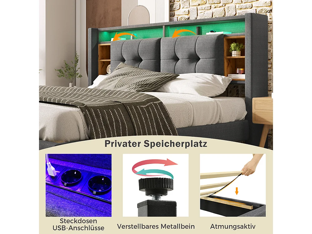 Gestoffeerd tweepersoonsbed 160x200 cm met matras, LED, USB-aansluiting, opbergruimte aan het hoofdeinde en houten onderstel