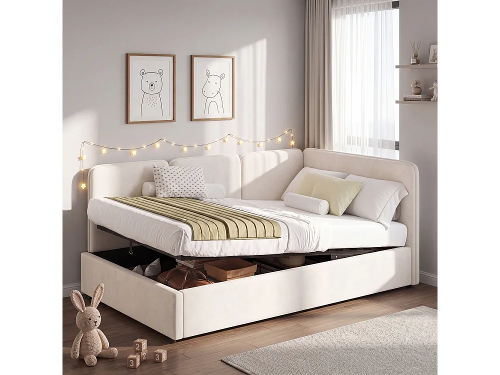 Letto daybed 90x200 cm imbottito velluto beige con contenitore idraulico, design flessibile e testiera
