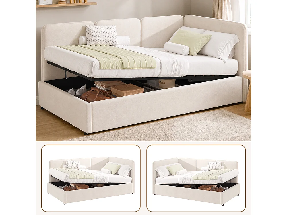 Letto daybed 90x200 cm imbottito velluto beige con contenitore idraulico, design flessibile e testiera