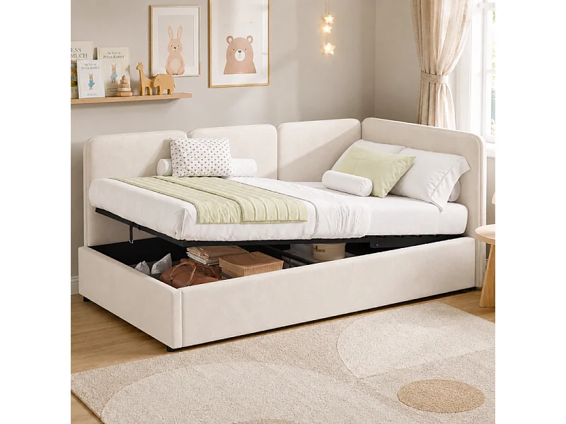 Letto daybed 90x200 cm imbottito velluto beige con contenitore idraulico, design flessibile e testiera