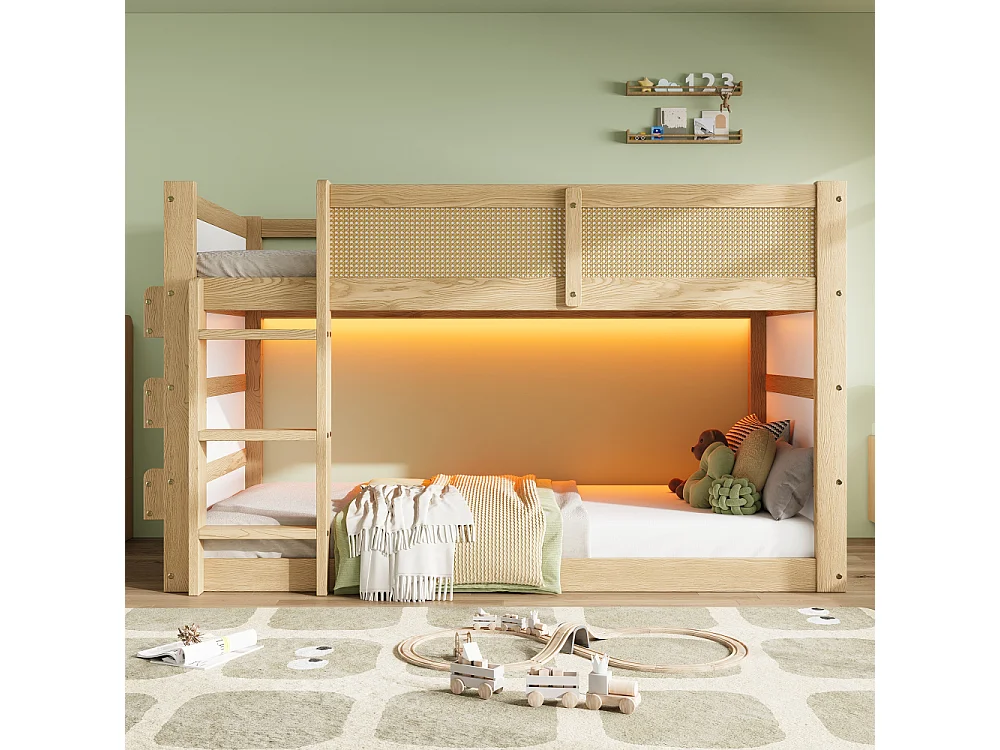 Cama elevada litera infantil 90×200, pino, MDF, ratán, LED, estantes, escalera, vallado, natural blanco, robusta multifuncional