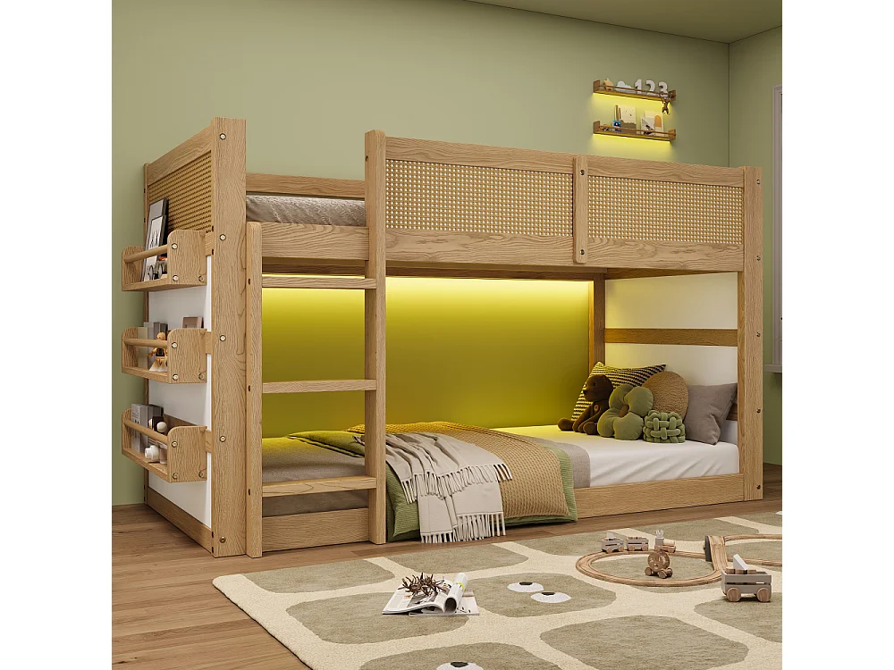 Cama elevada litera infantil 90×200, pino, MDF, ratán, LED, estantes, escalera, vallado, natural blanco, robusta multifuncional