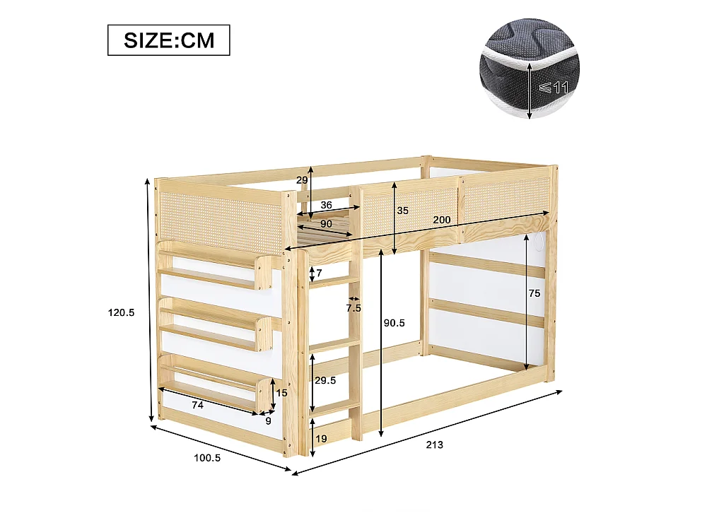 Cama elevada litera infantil 90×200, pino, MDF, ratán, LED, estantes, escalera, vallado, natural blanco, robusta multifuncional