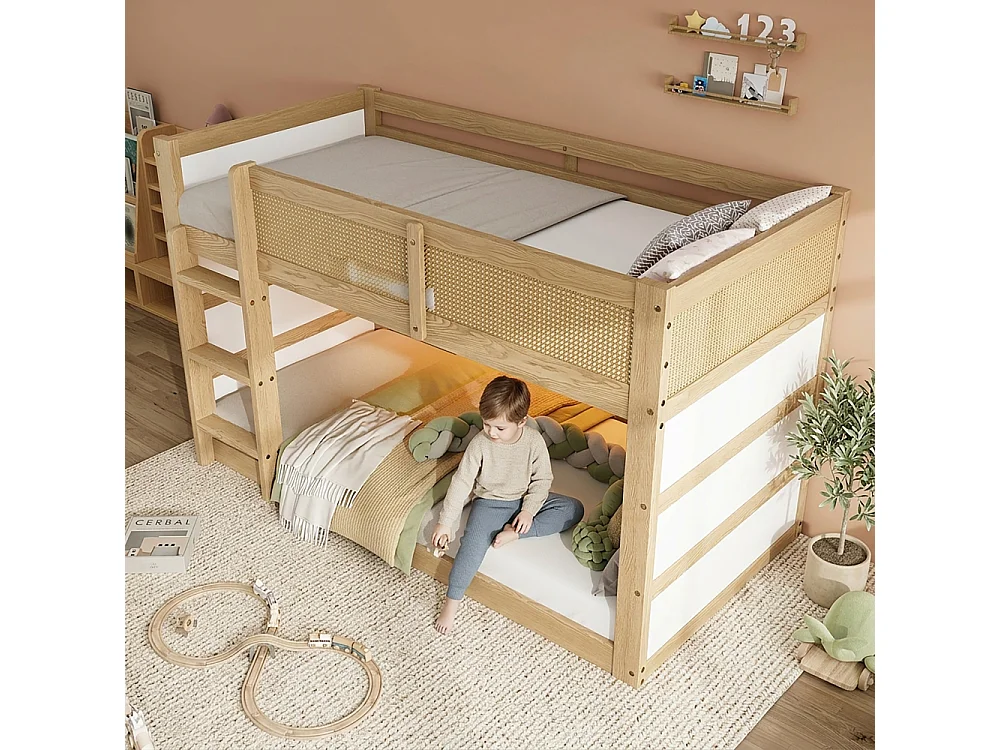 Cama elevada litera infantil 90×200, pino, MDF, ratán, LED, estantes, escalera, vallado, natural blanco, robusta multifuncional