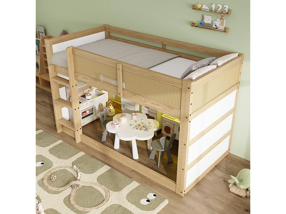 Cama elevada litera infantil 90×200, pino, MDF, ratán, LED, estantes, escalera, vallado, natural blanco, robusta multifuncional
