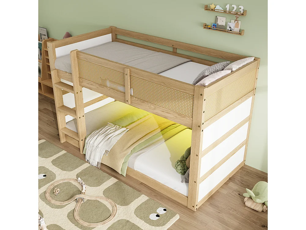 Cama elevada litera infantil 90×200, pino, MDF, ratán, LED, estantes, escalera, vallado, natural blanco, robusta multifuncional