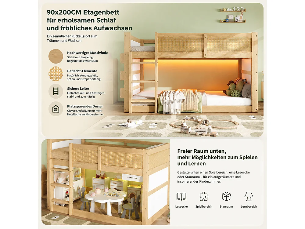 Cama elevada litera infantil 90×200, pino, MDF, ratán, LED, estantes, escalera, vallado, natural blanco, robusta multifuncional