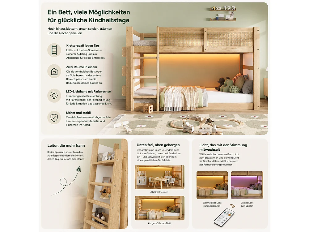 Cama elevada litera infantil 90×200, pino, MDF, ratán, LED, estantes, escalera, vallado, natural blanco, robusta multifuncional