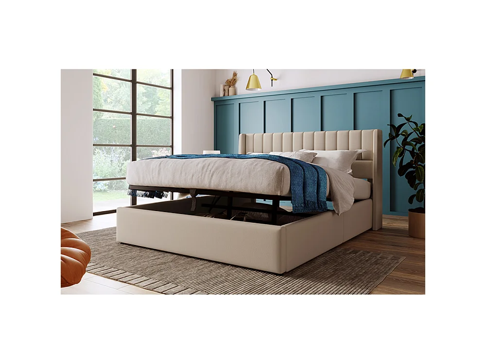 Lit coffre hydraulique double avec matelas 720 ressorts ensachés, lin, cadre en bois et métal, coffre de rangement