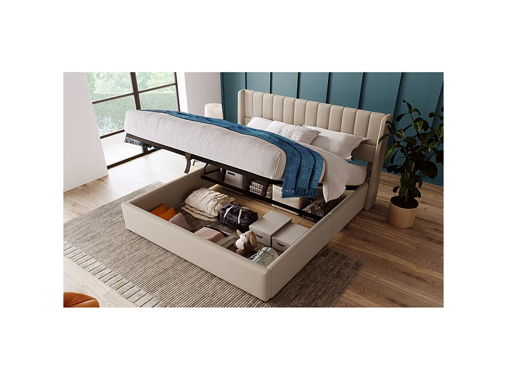 Lit coffre hydraulique double avec matelas 720 ressorts ensachés, lin, cadre en bois et métal, coffre de rangement