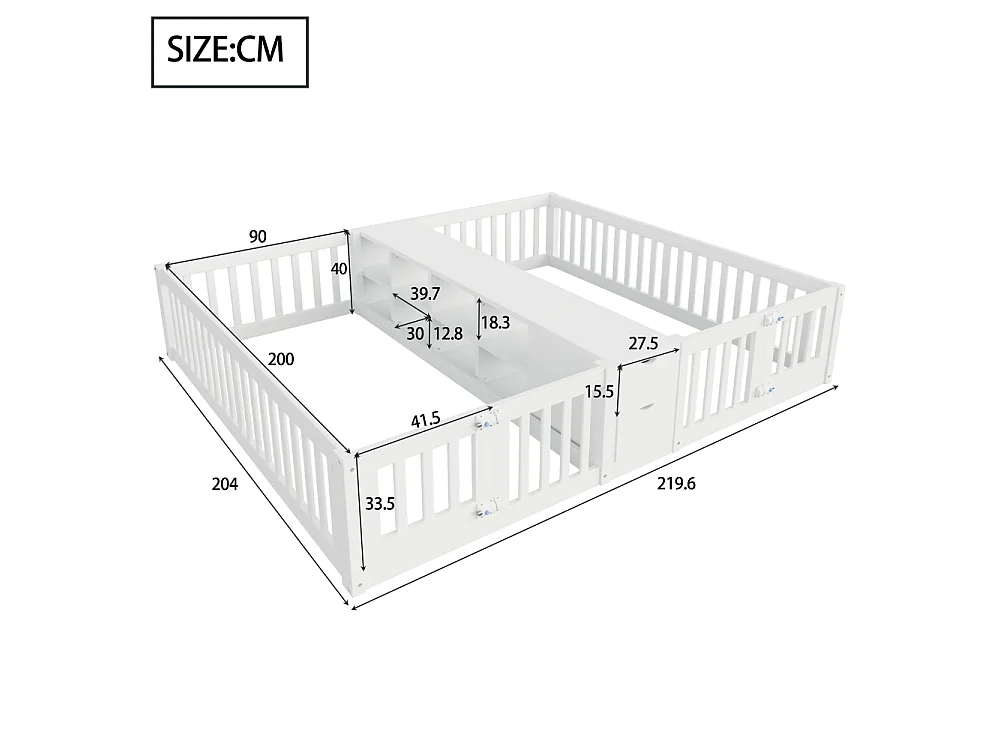 Dubbel houten bed 90×200 houten kinderbed met laden, planken, veiligheidsbarrière, enorme ruimtebesparing