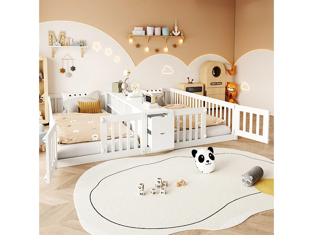 Dubbel houten bed 90×200 houten kinderbed met laden, planken, veiligheidsbarrière, enorme ruimtebesparing