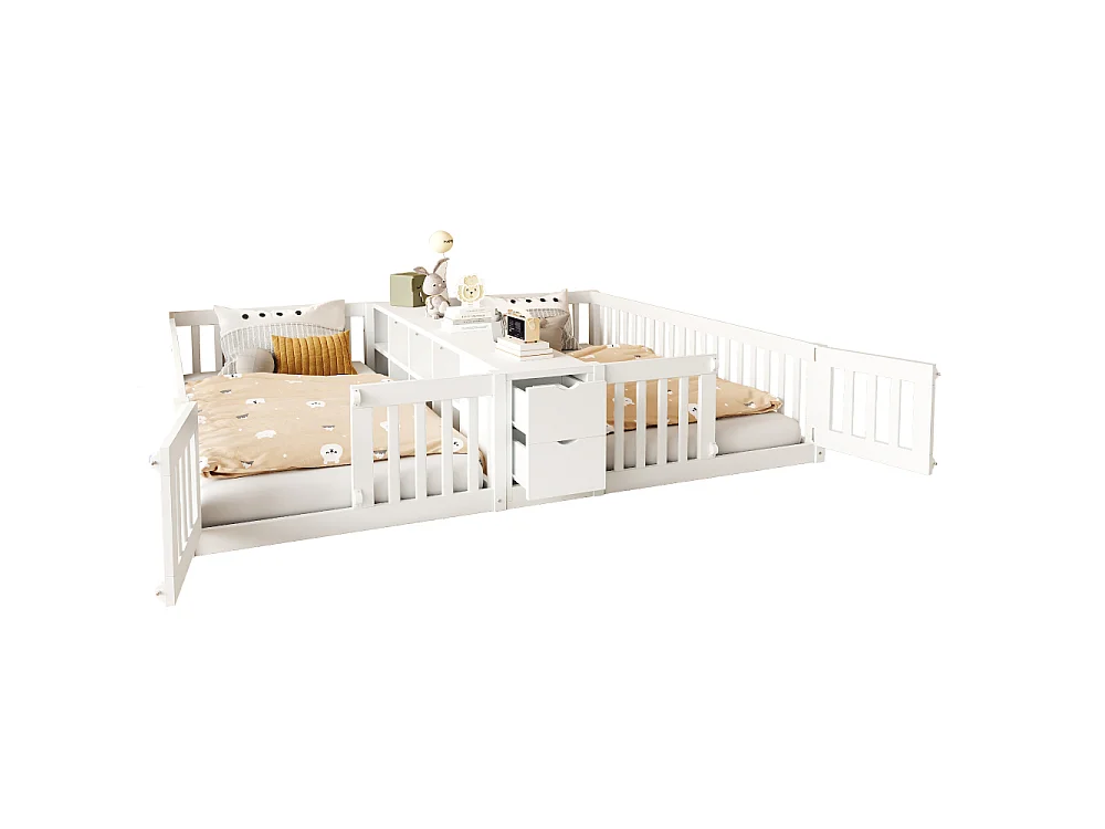Dubbel houten bed 90×200 houten kinderbed met laden, planken, veiligheidsbarrière, enorme ruimtebesparing