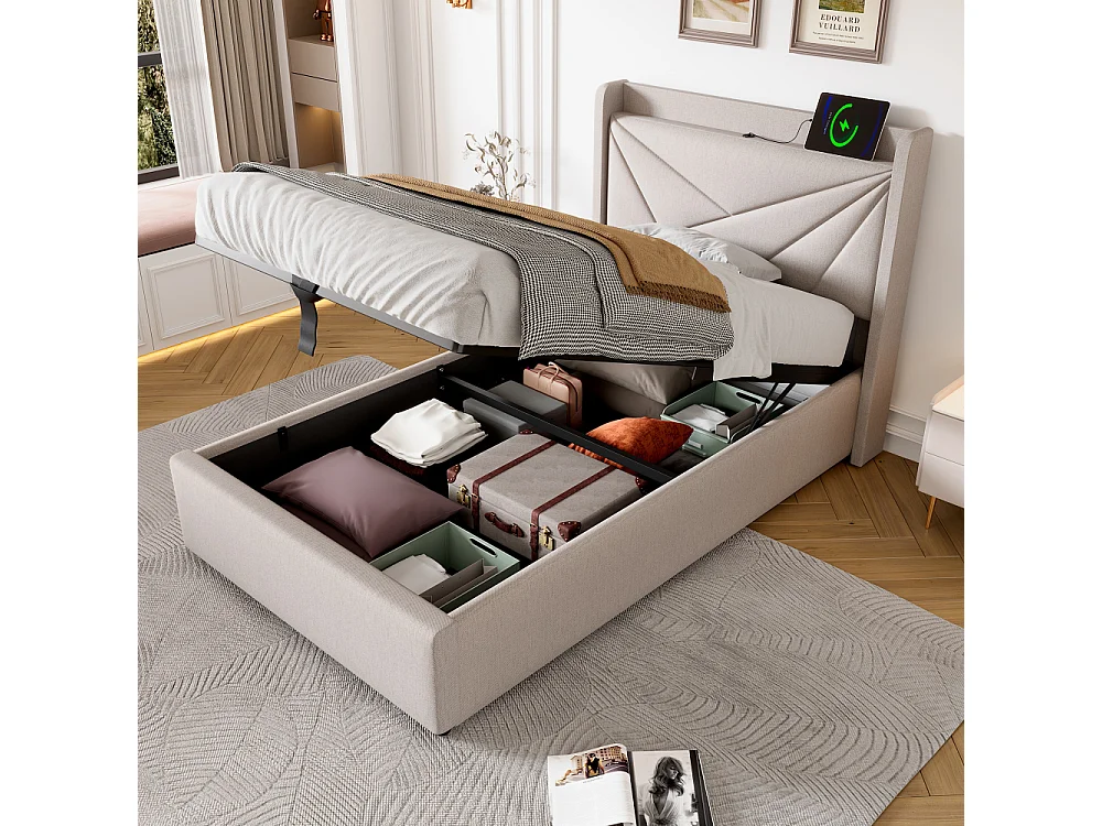 Lit Simple 90x200 cm avec Coffre de Rangement, USB Type-C et Tête de Lit Géométrique en Tissu Lin Moderne