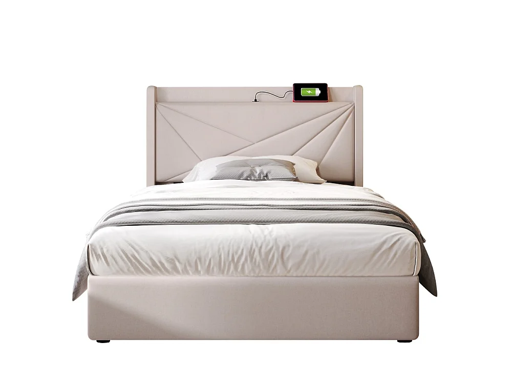 Lit Simple 90x200 cm avec Coffre de Rangement, USB Type-C et Tête de Lit Géométrique en Tissu Lin Moderne