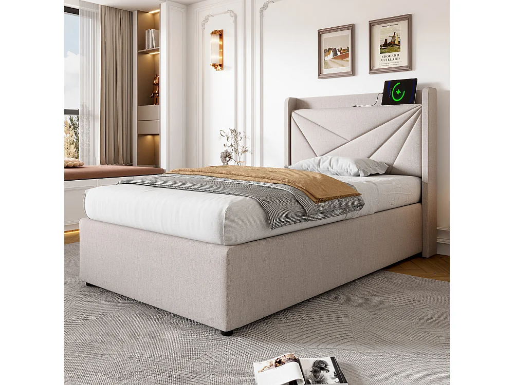 Lit Simple 90x200 cm avec Coffre de Rangement, USB Type-C et Tête de Lit Géométrique en Tissu Lin Moderne