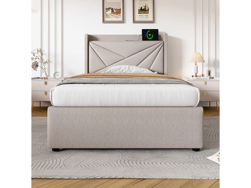 Lit Simple 90x200 cm avec Coffre de Rangement, USB Type-C et Tête de Lit Géométrique en Tissu Lin Moderne