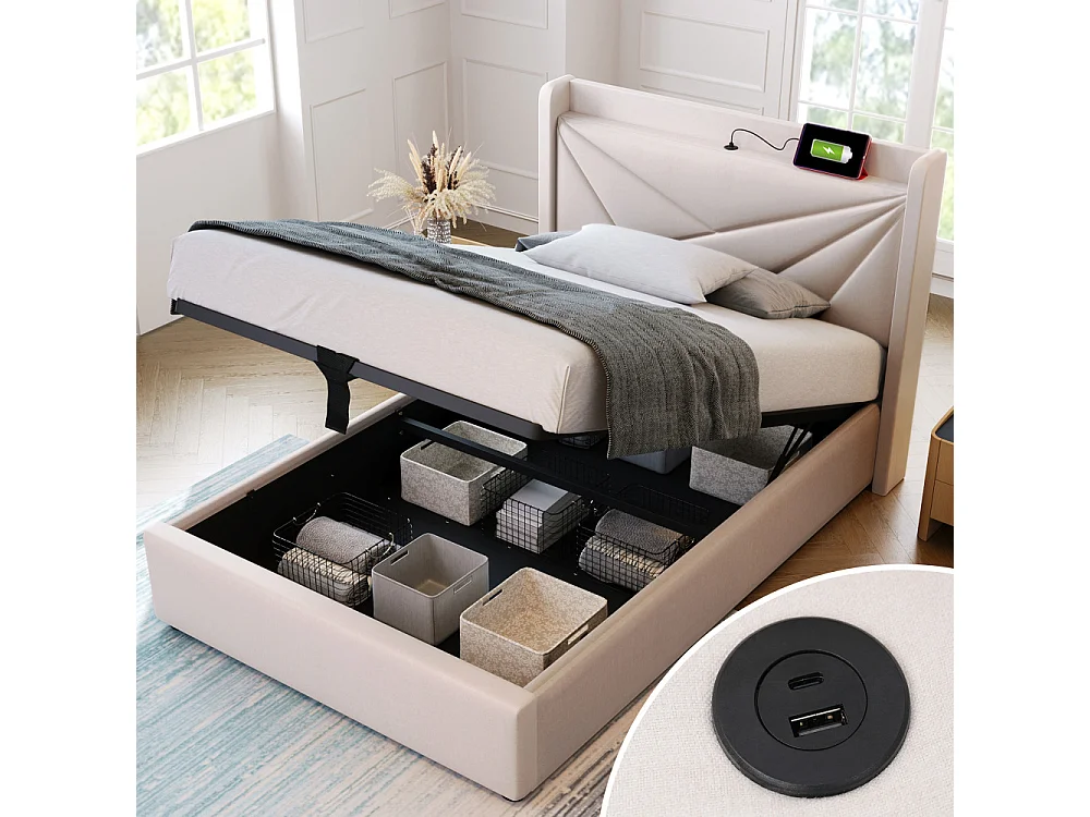 Lit Simple 90x200 cm avec Coffre de Rangement, USB Type-C et Tête de Lit Géométrique en Tissu Lin Moderne