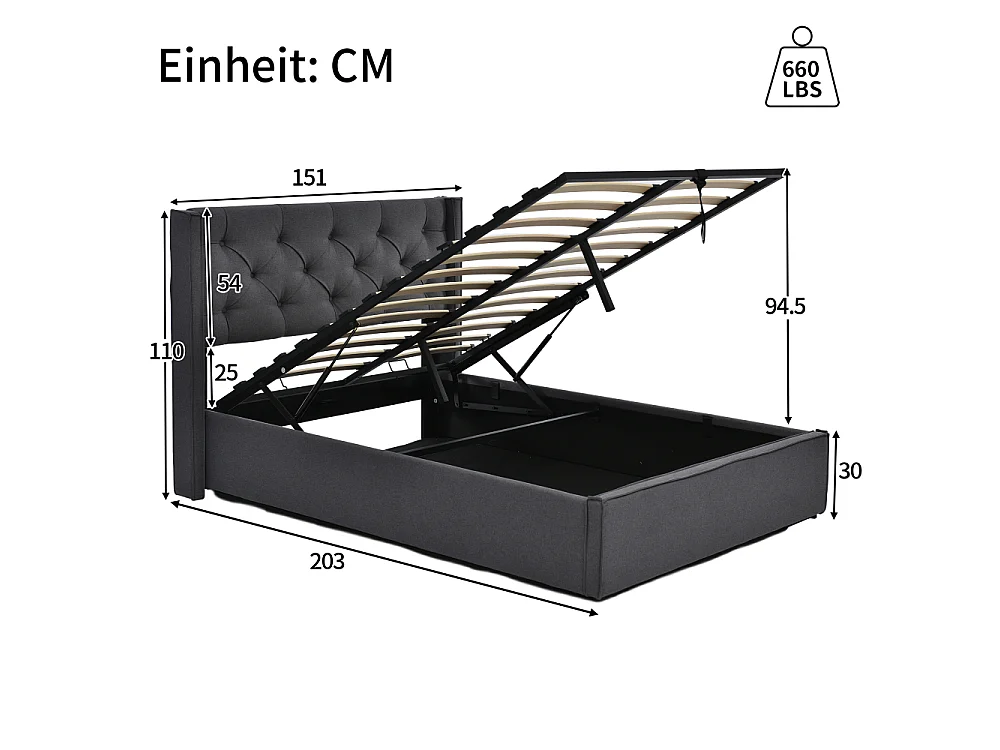 Lit double hydraulique rembourré 140×200 rangement cadre métallique coton sommier à lattes en bois design moderne
