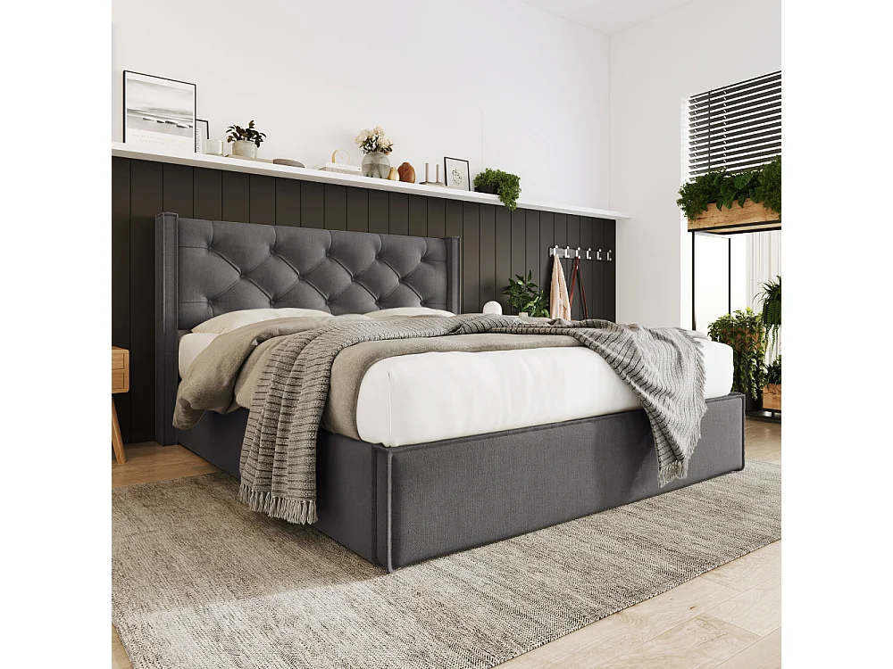 Lit double hydraulique rembourré 140×200 rangement cadre métallique coton sommier à lattes en bois design moderne