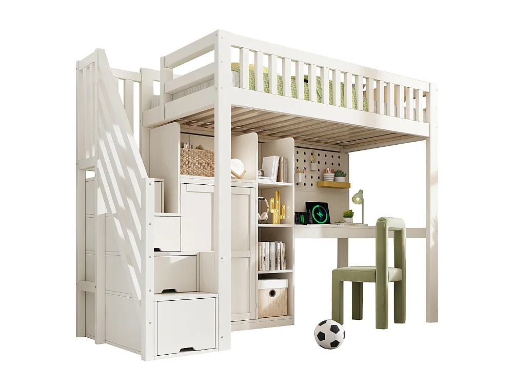 Lit surélevé blanc pour enfant 90×200 cm avec bureau, armoire, USB, USB-C, rangement, échelle – EN747