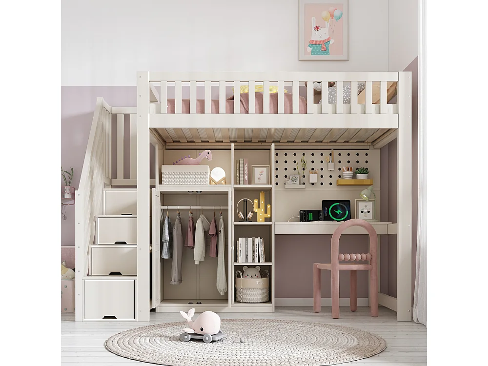 Lit surélevé blanc pour enfant 90×200 cm avec bureau, armoire, USB, USB-C, rangement, échelle – EN747