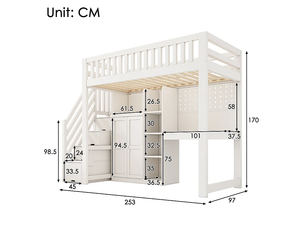 Lit surélevé blanc pour enfant 90×200 cm avec bureau, armoire, USB, USB-C, rangement, échelle – EN747