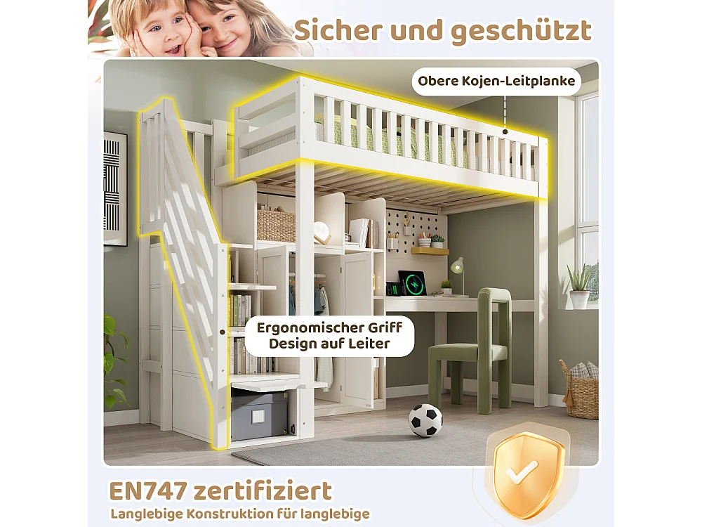 Lit surélevé blanc pour enfant 90×200 cm avec bureau, armoire, USB, USB-C, rangement, échelle – EN747
