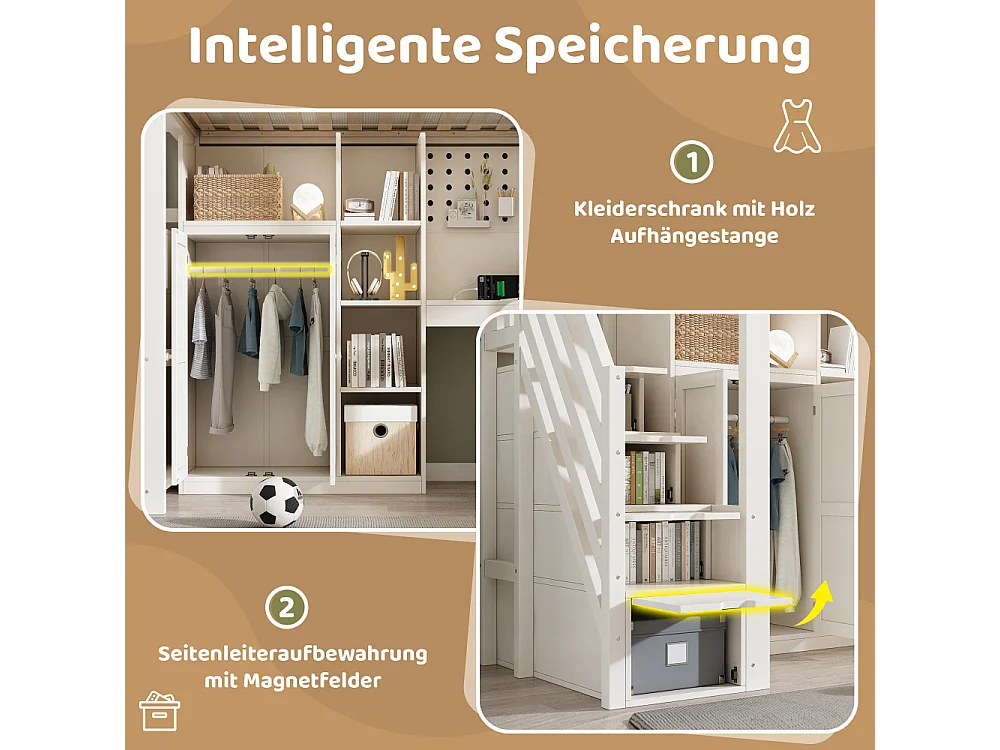 Lit surélevé blanc pour enfant 90×200 cm avec bureau, armoire, USB, USB-C, rangement, échelle – EN747