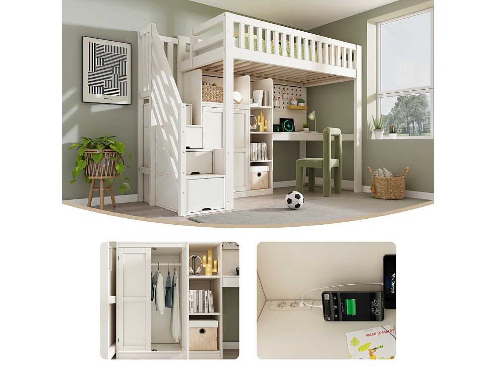 Lit surélevé blanc pour enfant 90×200 cm avec bureau, armoire, USB, USB-C, rangement, échelle – EN747