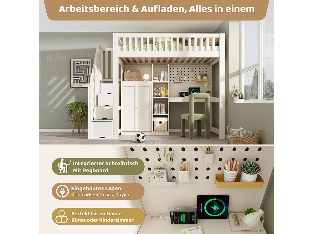 Lit surélevé blanc pour enfant 90×200 cm avec bureau, armoire, USB, USB-C, rangement, échelle – EN747