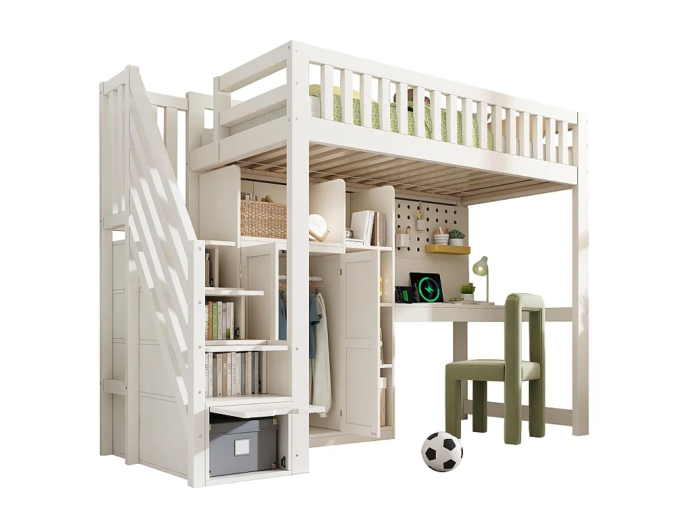 Lit surélevé blanc pour enfant 90×200 cm avec bureau, armoire, USB, USB-C, rangement, échelle – EN747