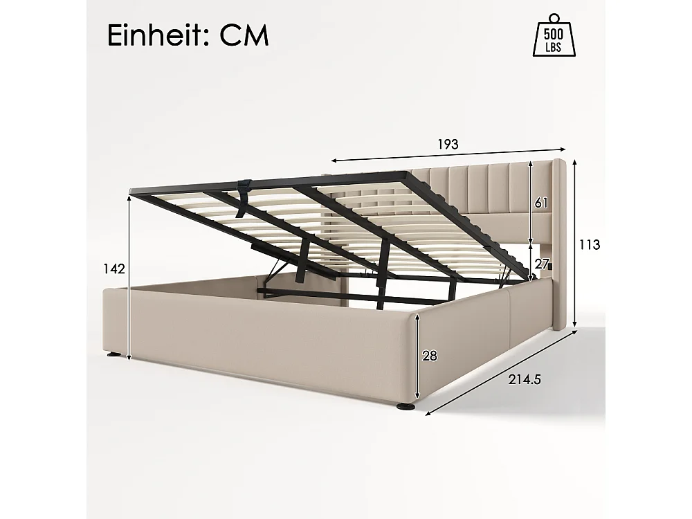 Letto contenitore imbottito idraulico matrimoniale con rete a doghe in legno, telaio metallico, lino, moderno