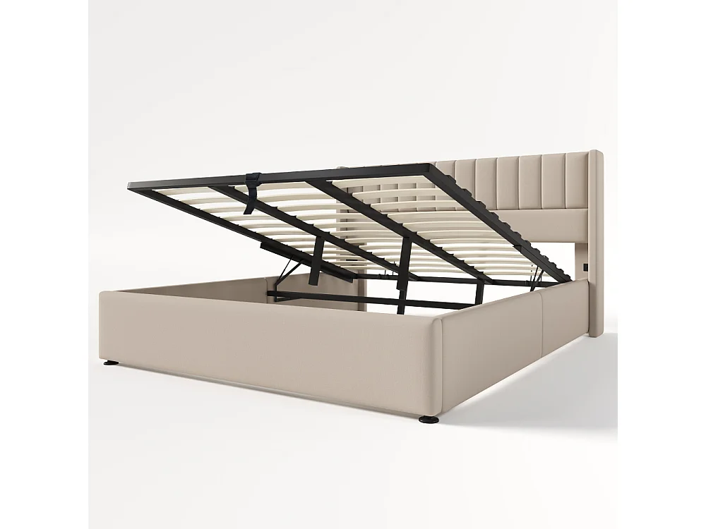 Letto contenitore imbottito idraulico matrimoniale con rete a doghe in legno, telaio metallico, lino, moderno