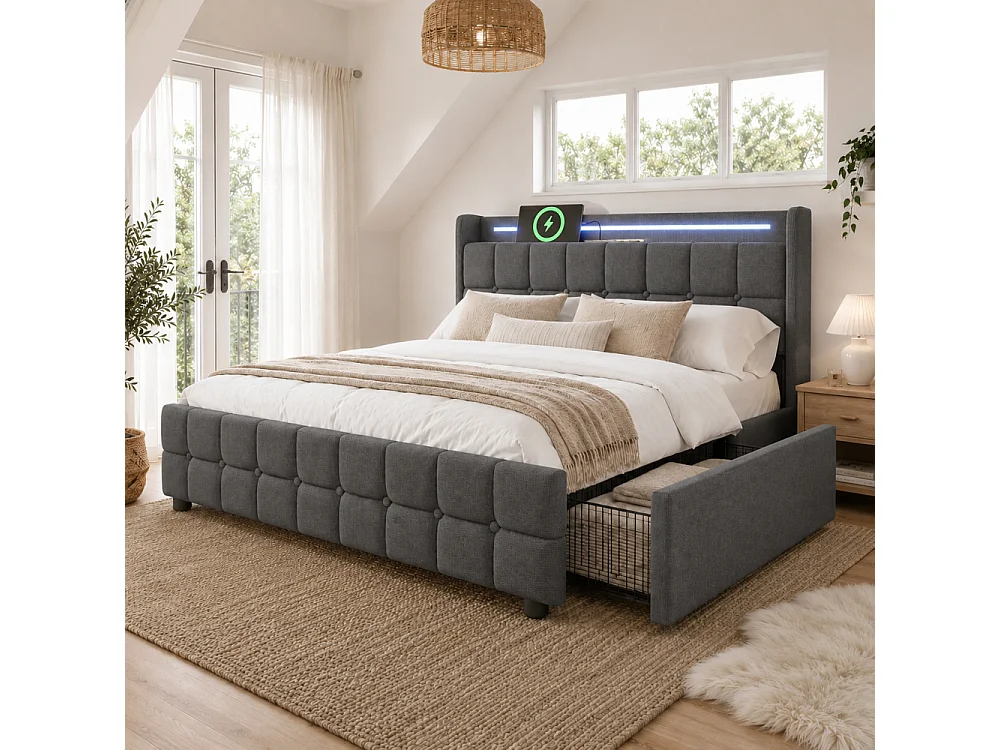 Lit Double 180x200 cm avec USB, LED et 4 Tiroirs de Rangement – Style Moderne Grand Format Gris